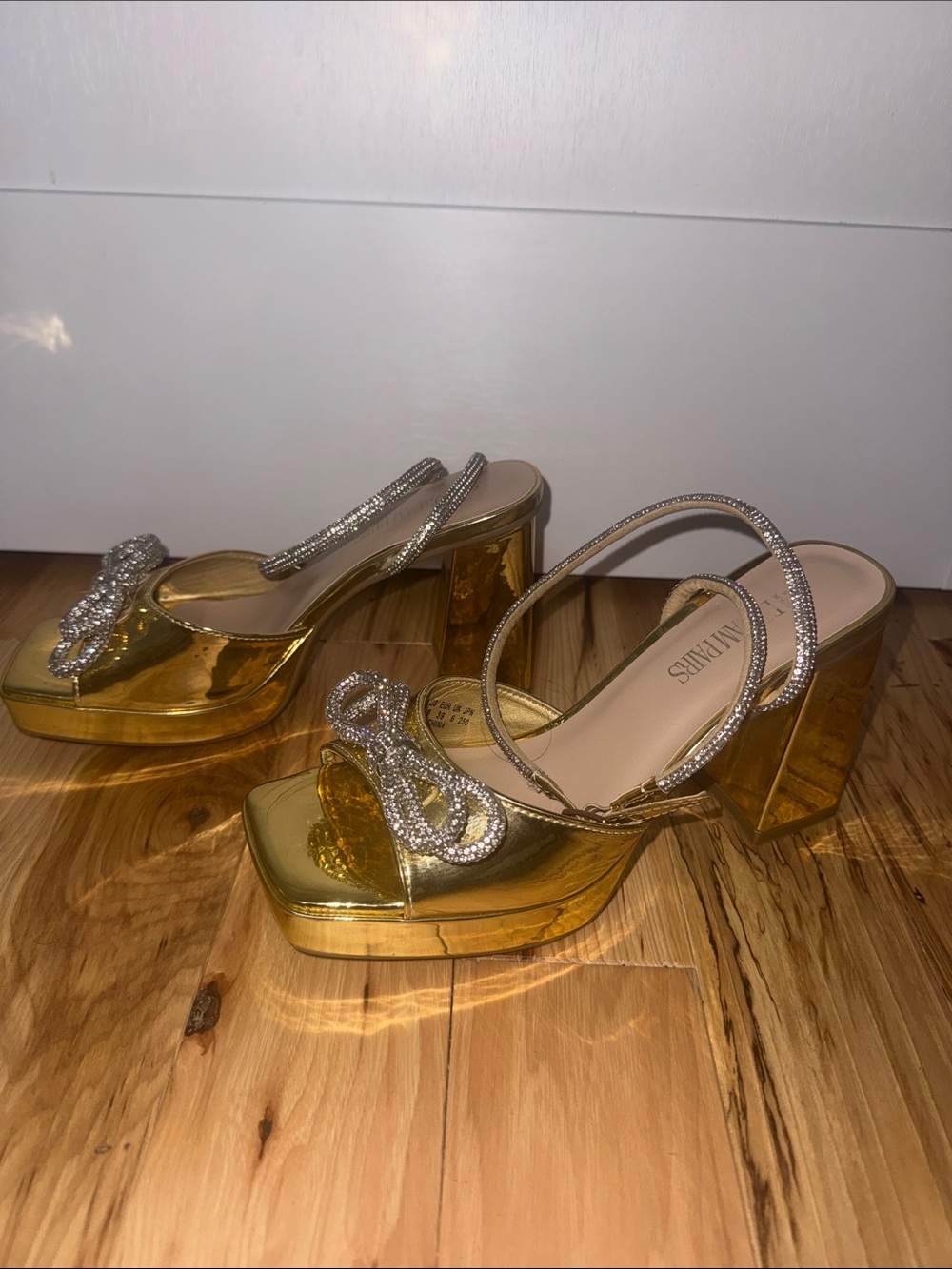 Gold Platform Slingback Heels with Crystal Detail